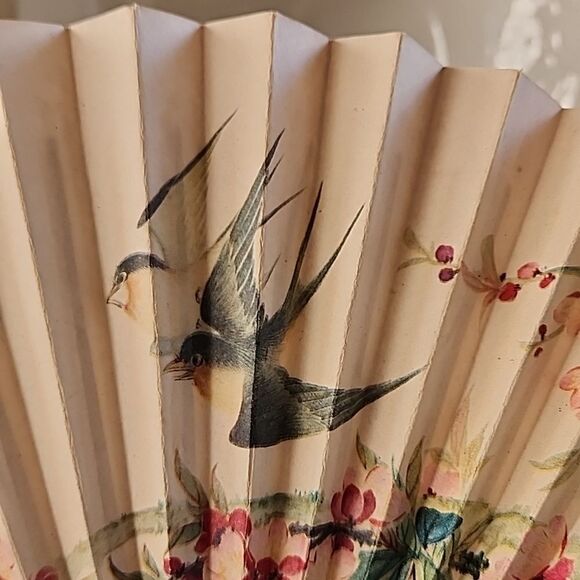 Vintage Paper Chinese and Wood Bird and Floral Fan Romantic Feminine Coquette - Picture 4 of 16